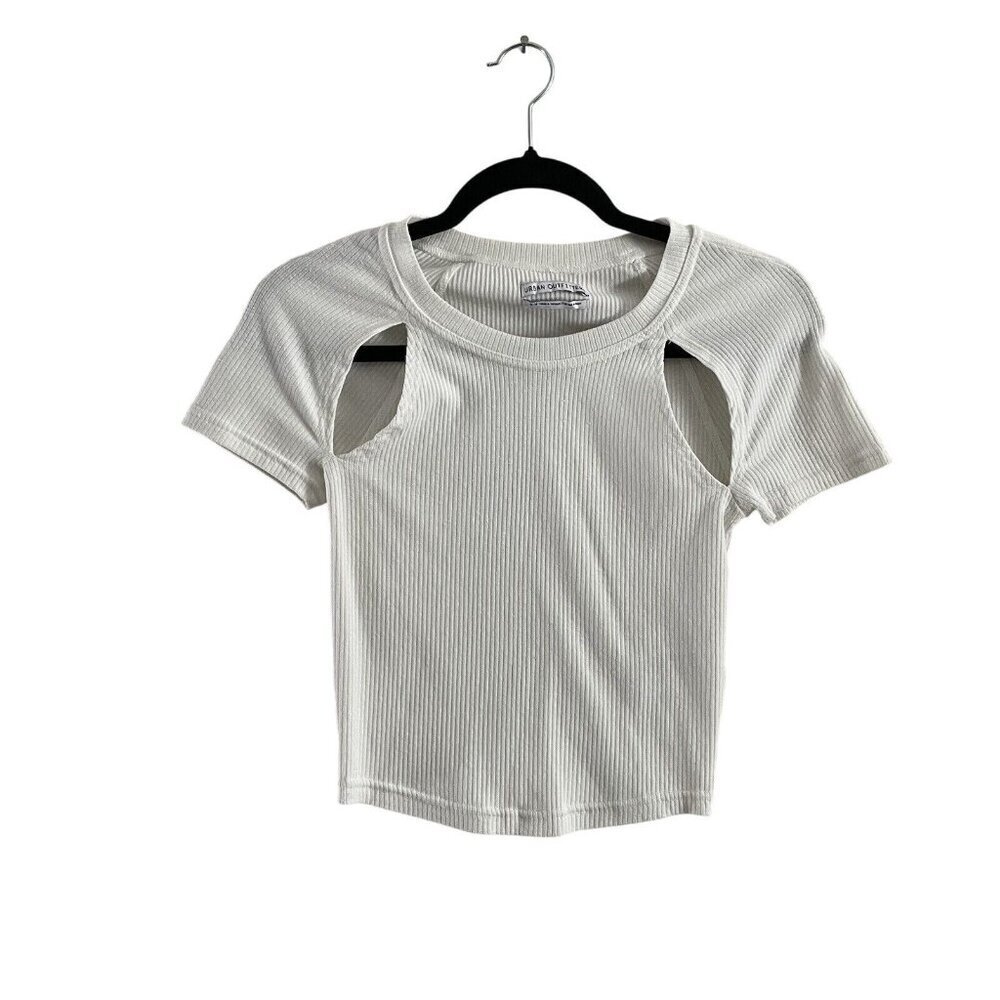 Urban Outfitters Women M White Ribbed Y2K Casual Zoe Cut-Out Cropped Baby Tee
